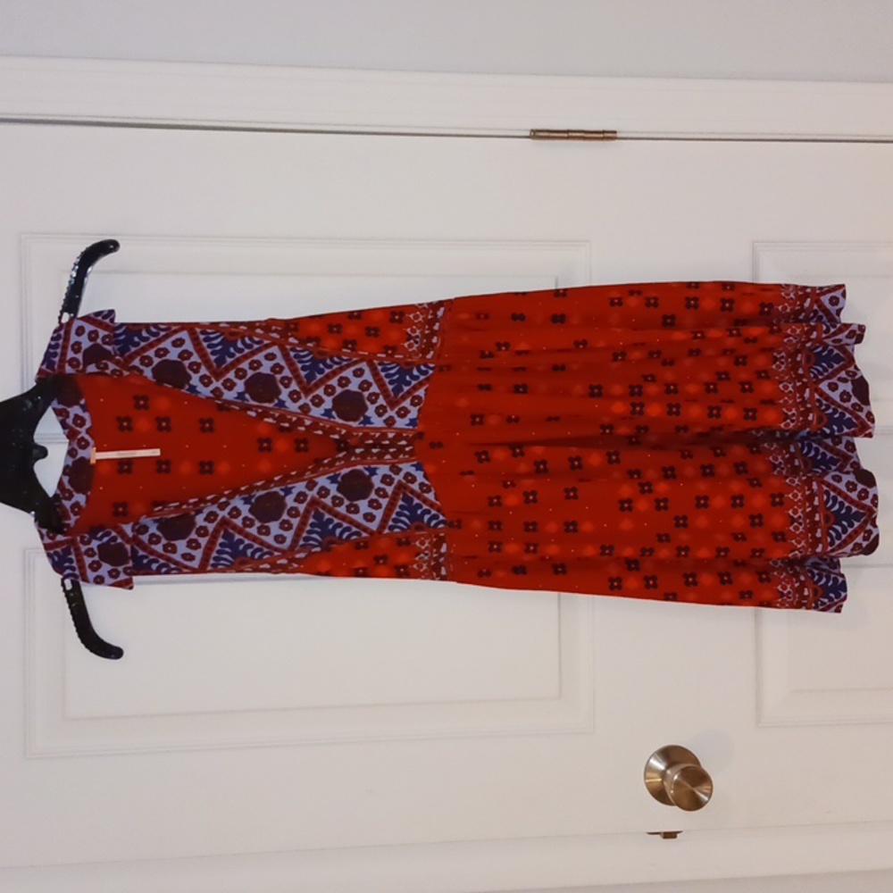 Free People "Scarlet" bohemian tunic blouse v neck button - L - orange/navy - Picture 3 of 12